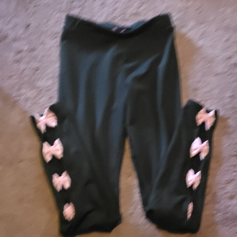 Sugar Thrillz Dark Green Leggings with Pink Bows
